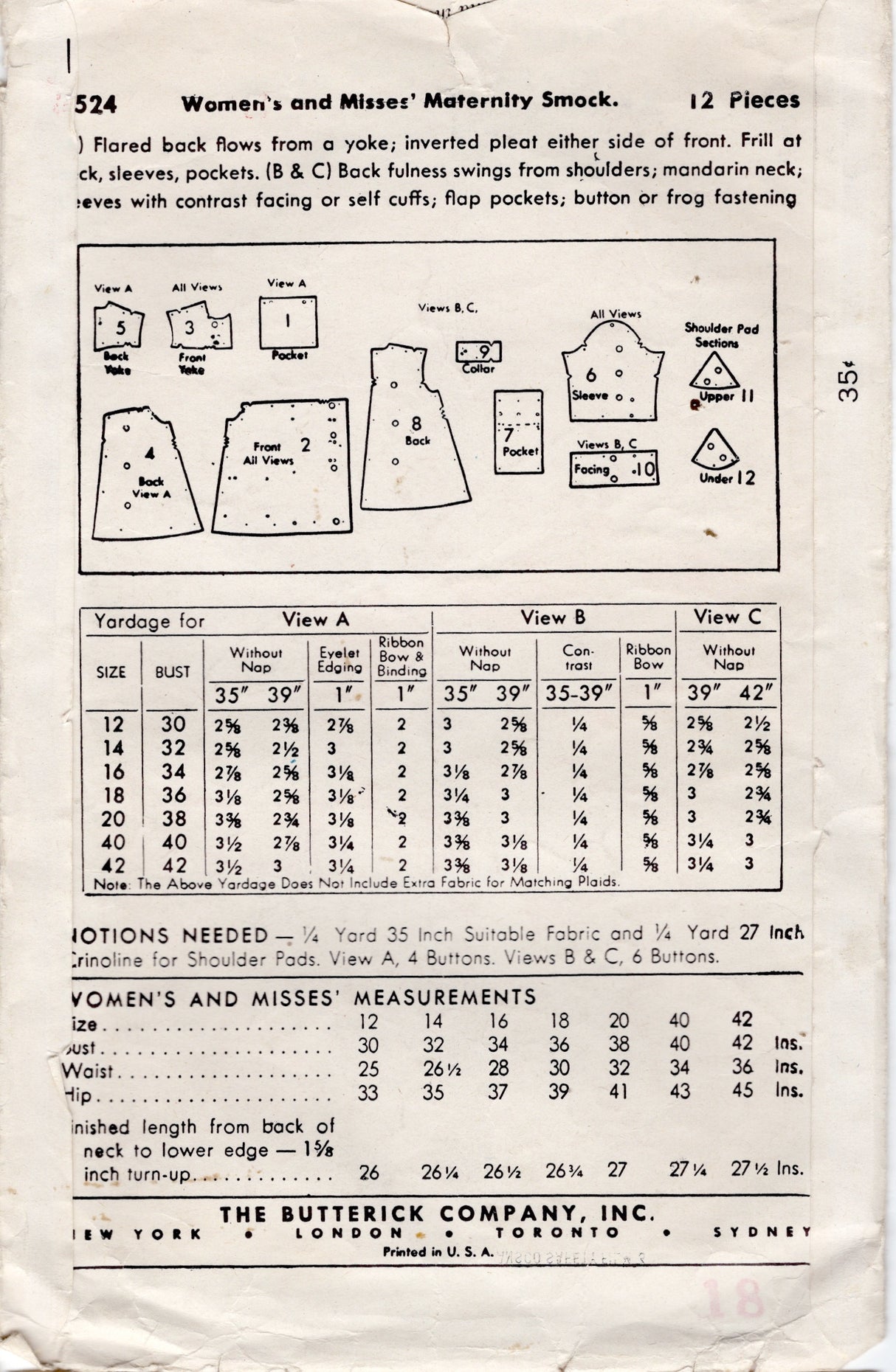 1940's Butterick Maternity Smock Pattern - Bust 32" - No. 3524