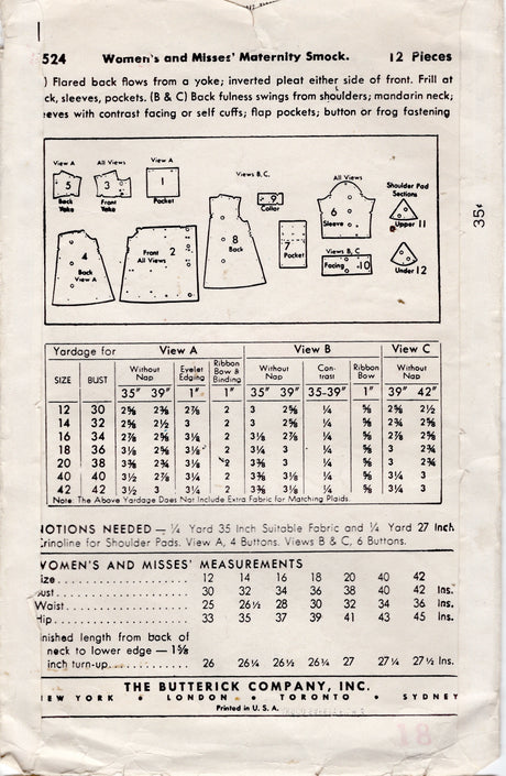 1940's Butterick Maternity Smock Pattern - Bust 32" - No. 3524