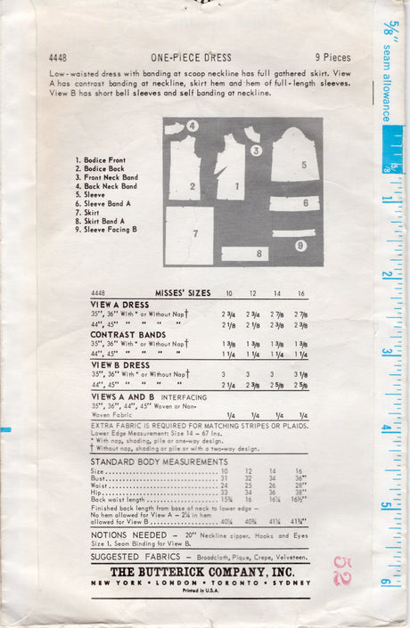 1960's Butterick One-Piece Dress with short or long sleeves - Bust 34" - No. 4448