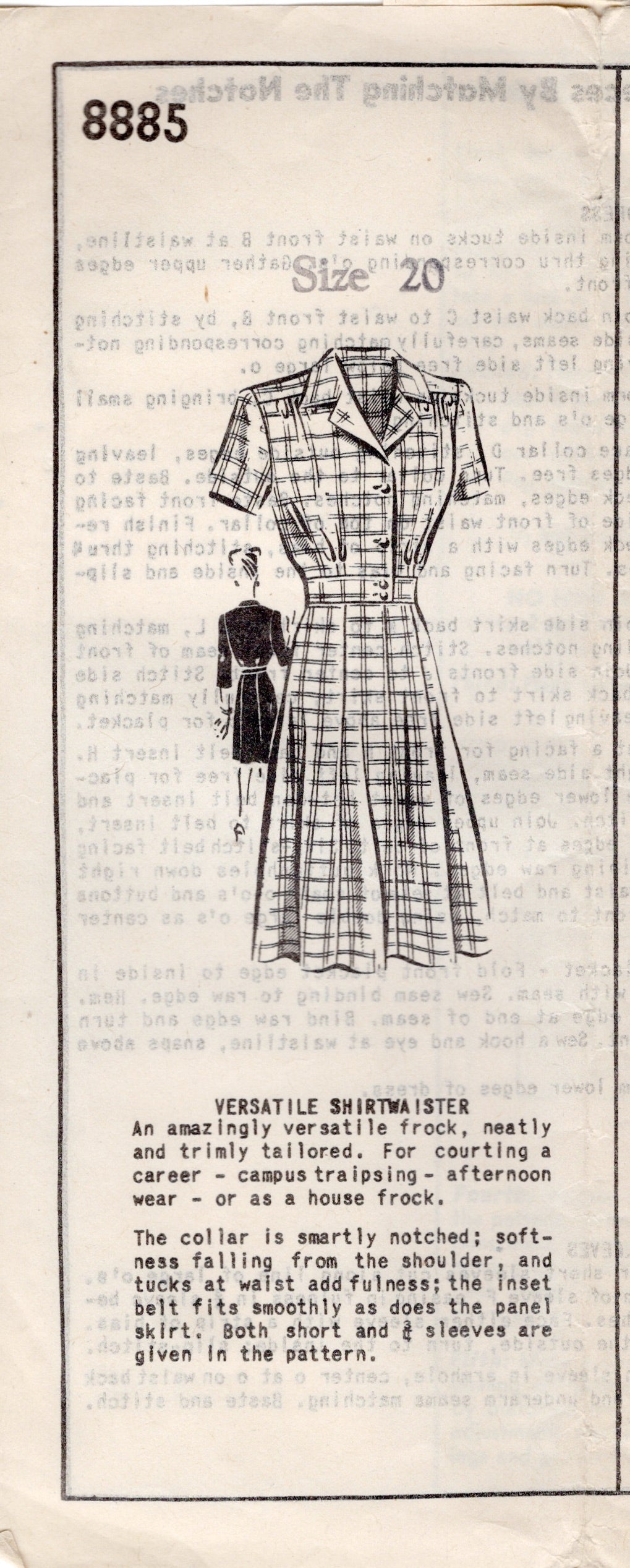 1940's Mail Order Shirtwaist Dress Pattern - Bust 38" - No. 8885