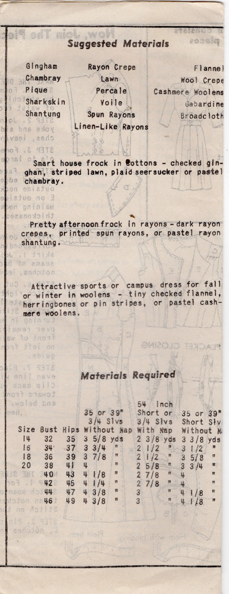 1940's Mail Order Shirtwaist Dress Pattern - Bust 38" - No. 8885