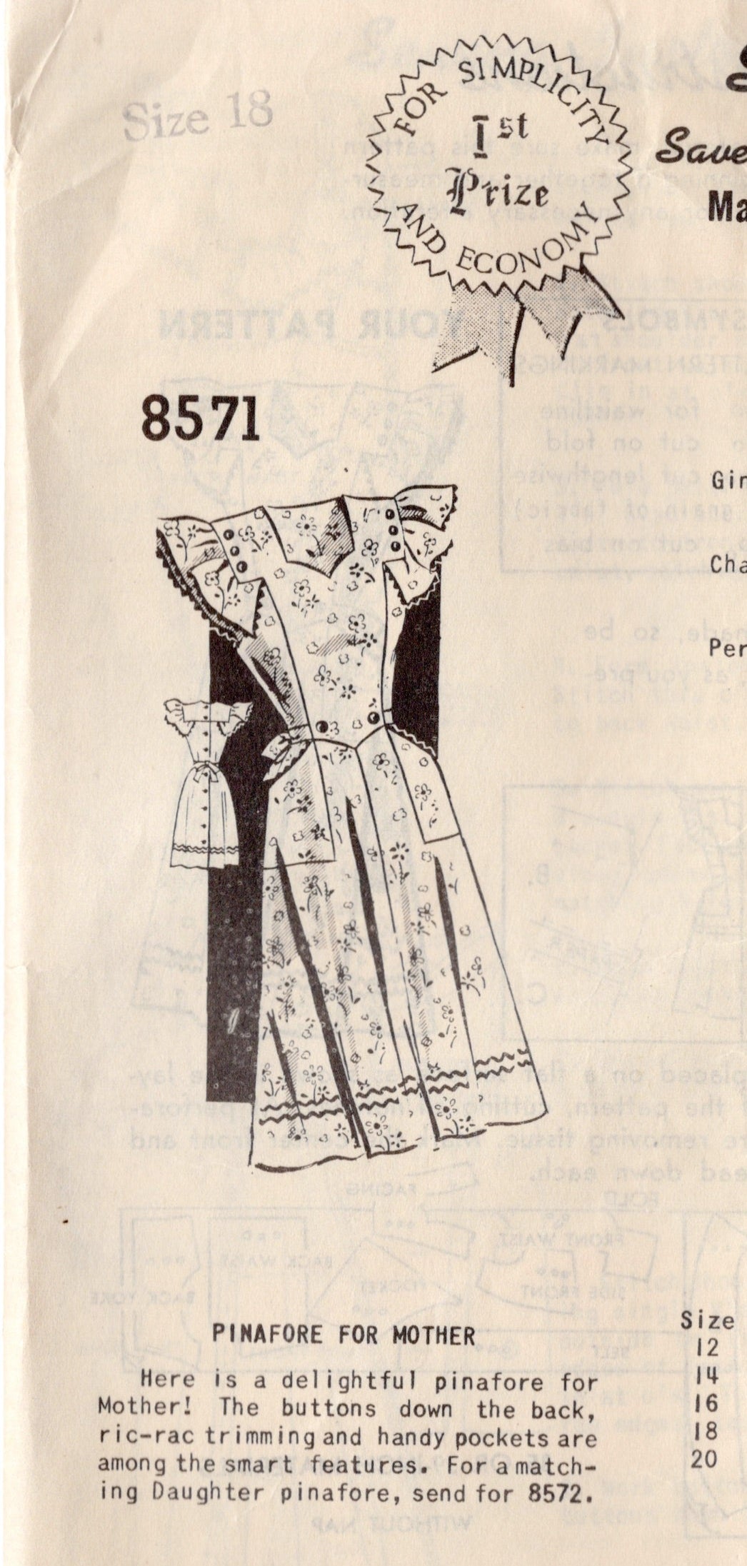 1940's Mail Order Pinafore Dress Pattern - Bust 36" - No. 8571
