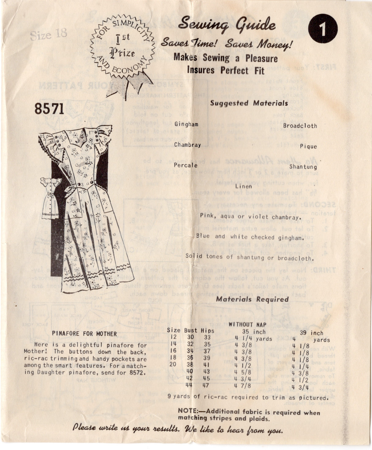 1940's Mail Order Pinafore Dress Pattern - Bust 36" - No. 8571