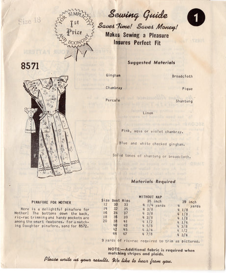 1940's Mail Order Pinafore Dress Pattern - Bust 36" - No. 8571