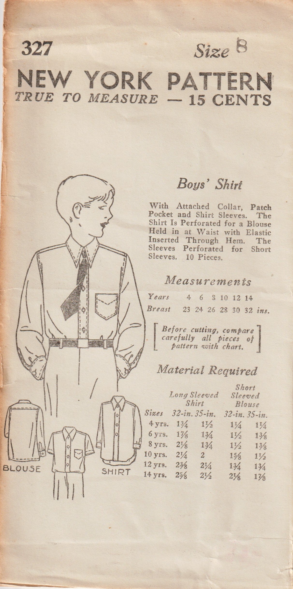 1930's New York Child's Button Up Shirt Pattern - Chest 26" - No. 327