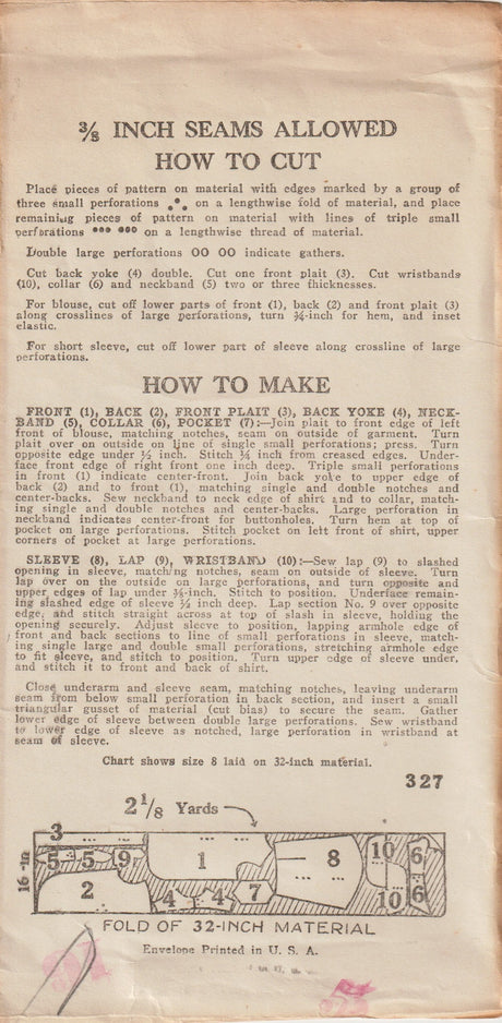 1930's New York Child's Button Up Shirt Pattern - Chest 26" - No. 327