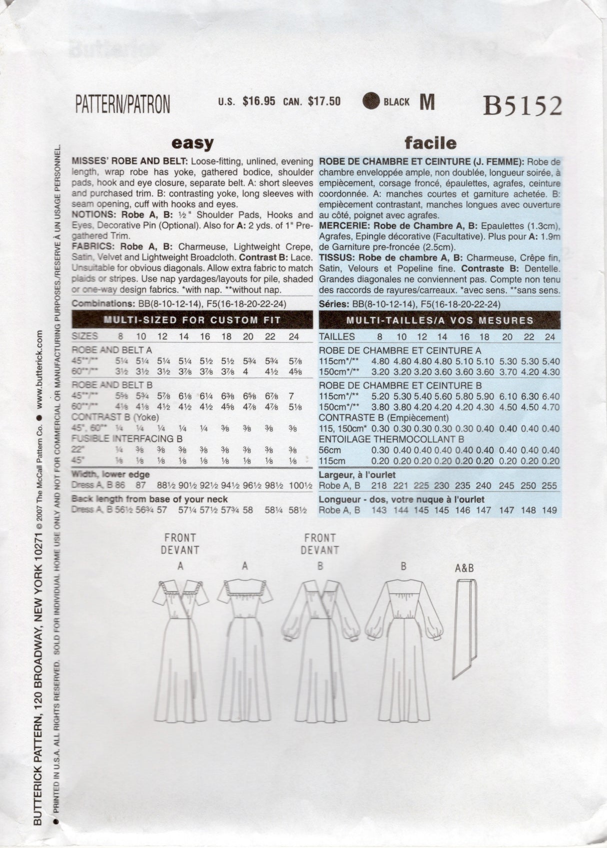 2000's Butterick "Retro" Wrap Robe and Belt Pattern based on 1940's pattern - Bust 38-46" - No. 5152