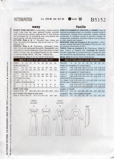 2000's Butterick "Retro" Wrap Robe and Belt Pattern based on 1940's pattern - Bust 38-46" - No. 5152