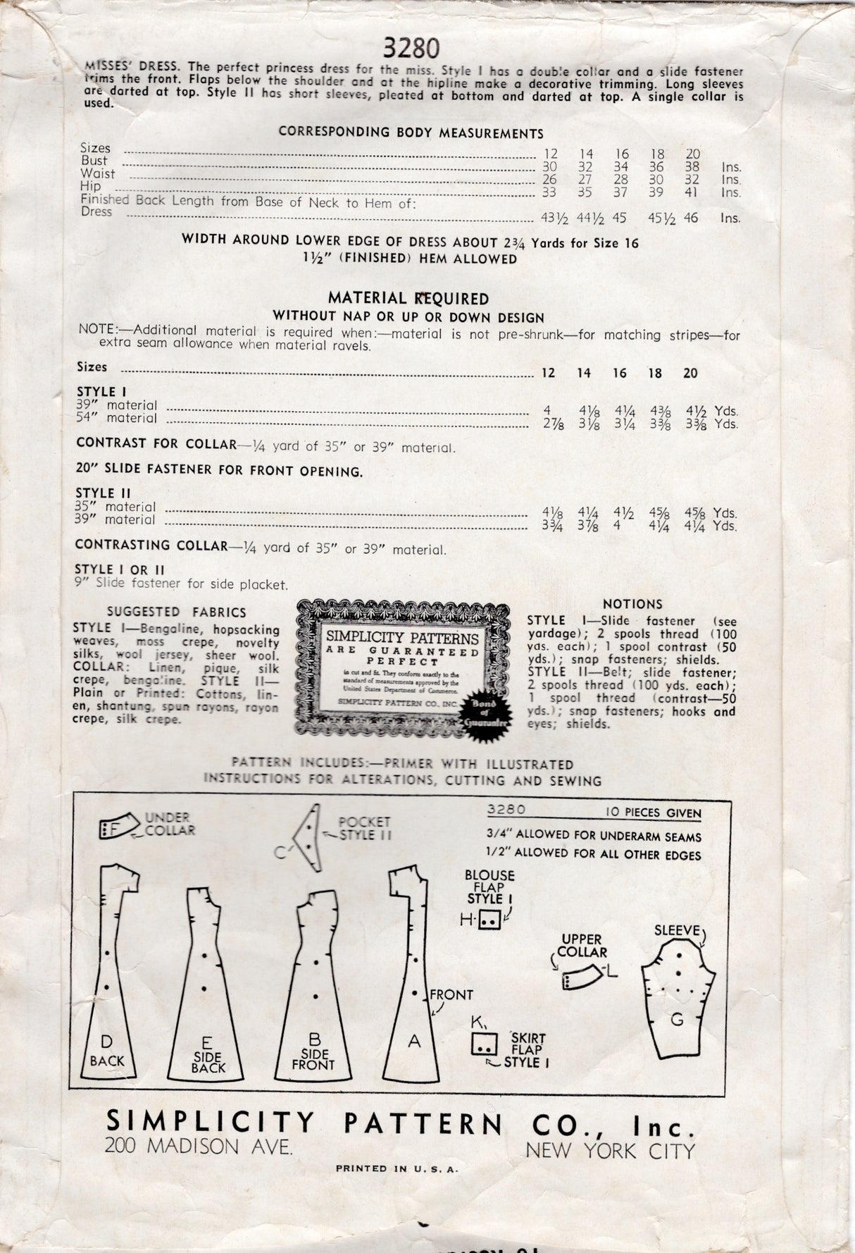 1940's Simplicity Princess Line Dress Pattern with Accent Flaps and Pockets - Bust 36" - No. 3280