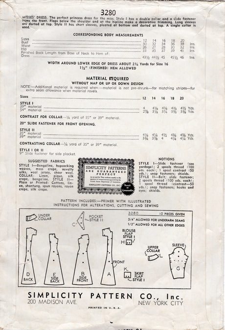 1940's Simplicity Princess Line Dress Pattern with Accent Flaps and Pockets - Bust 36" - No. 3280