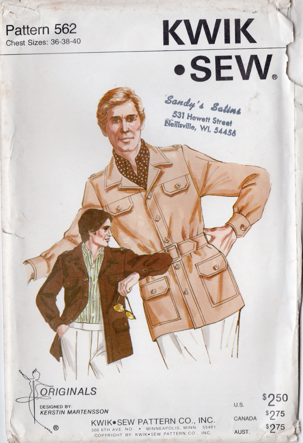 1970's Kwik Sew Men's Unlined Leisure Jacket Pattern - Chest 36-40