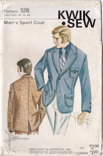 1970's Kwik Sew Men's Sport Coat Pattern - Chest 36-40
