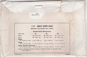 1970's Kwik Sew Men's Sport Coat Pattern - Chest 36-40" - No. 328
