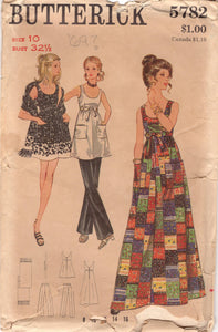 1960's Butterick One Piece Midi or Maxi Dress with Scoop Neckline, Straight Leg Pants and Shawl Pattern - Bust 32.5" - No. 5782