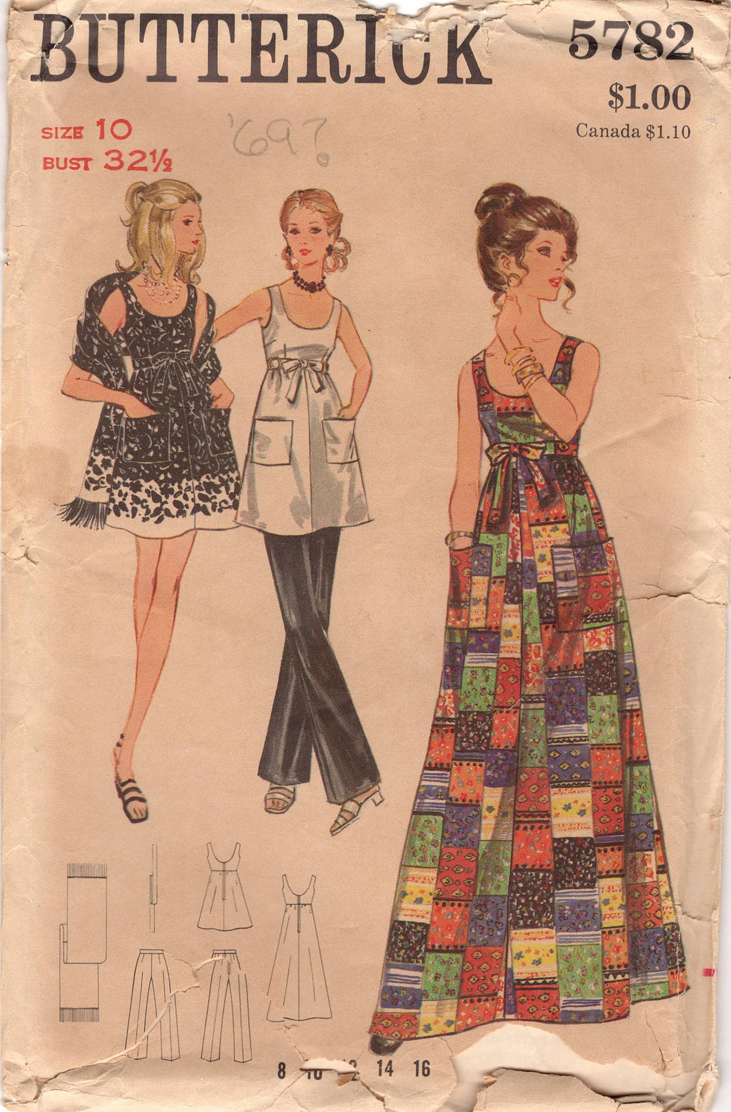 1960's Butterick One Piece Midi or Maxi Dress with Scoop Neckline, Straight Leg Pants and Shawl Pattern - Bust 32.5