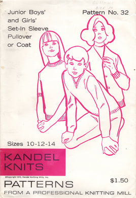 1970's Kandel Child's Pullover Sweater or Coat Pattern - Size 10-12-14 - No. 32