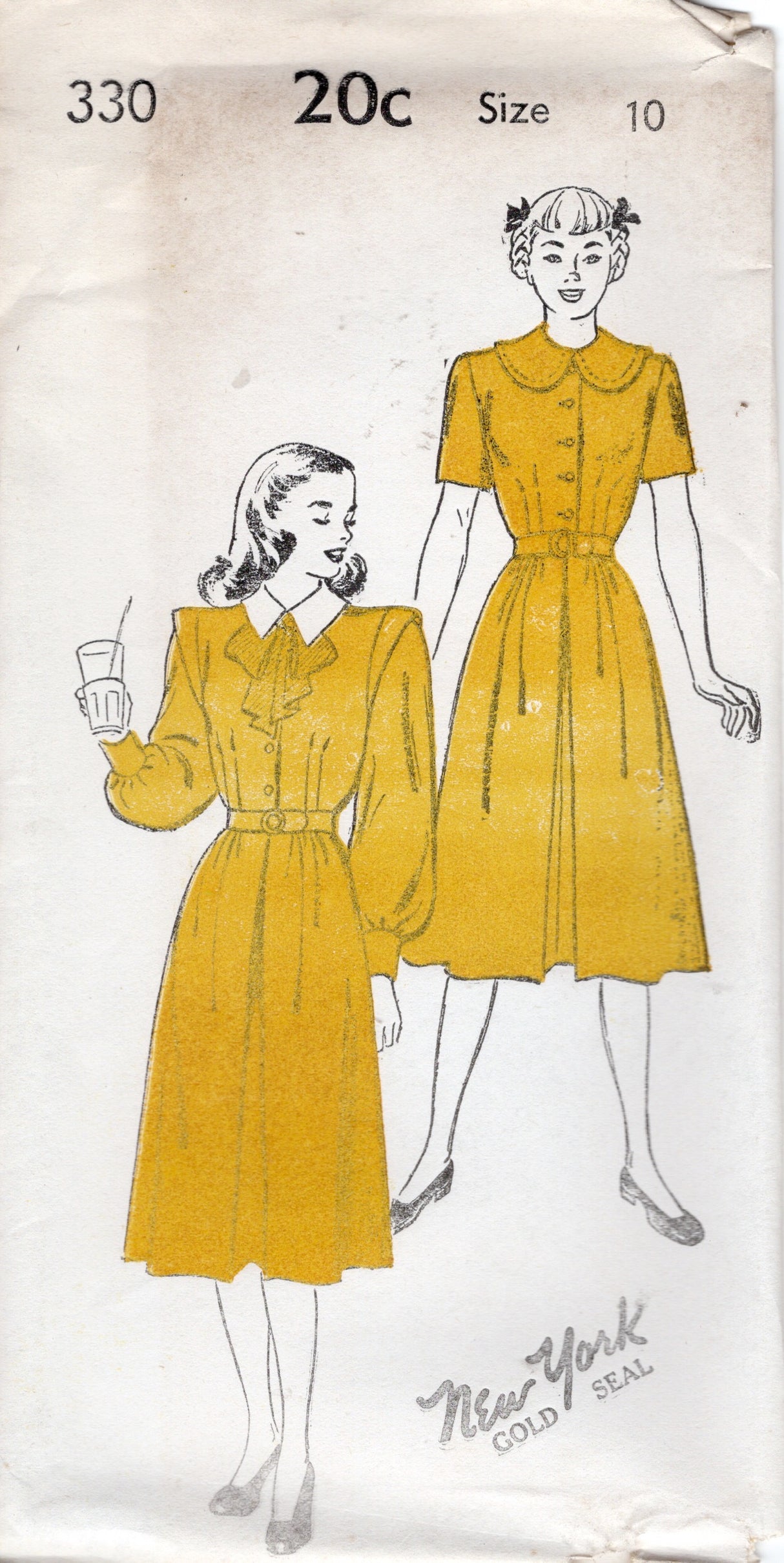 1940's New York Shirtwaist Dress Pattern with Large Collar - Bust 28-32" - No. 330