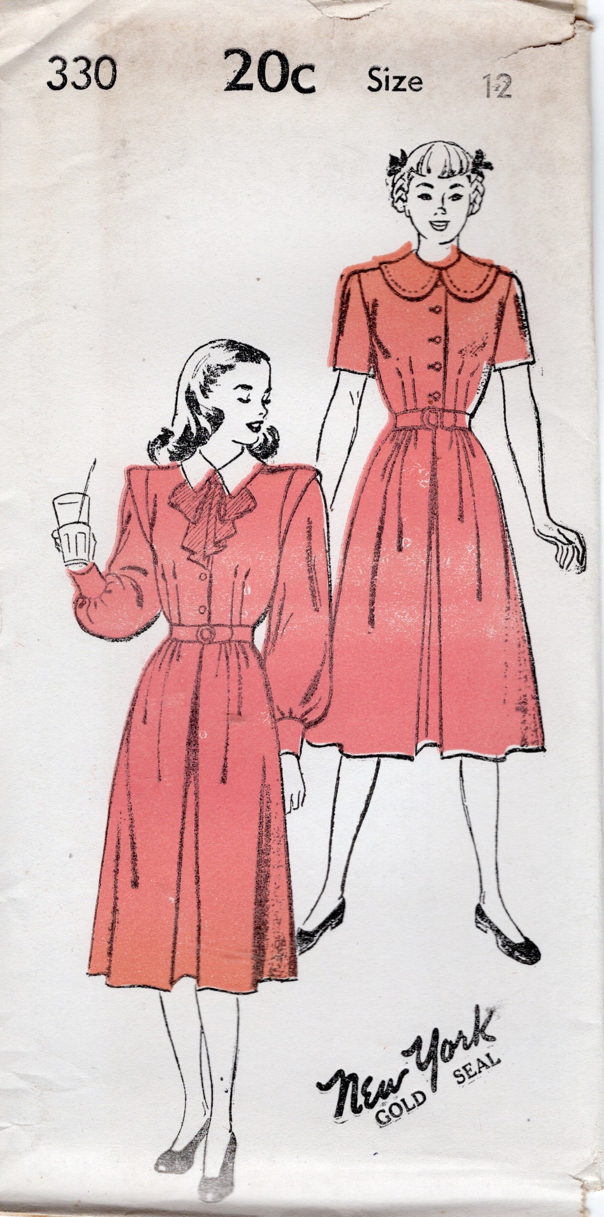 1940's New York Shirtwaist Dress Pattern with Large Collar - Bust 28-32" - No. 330