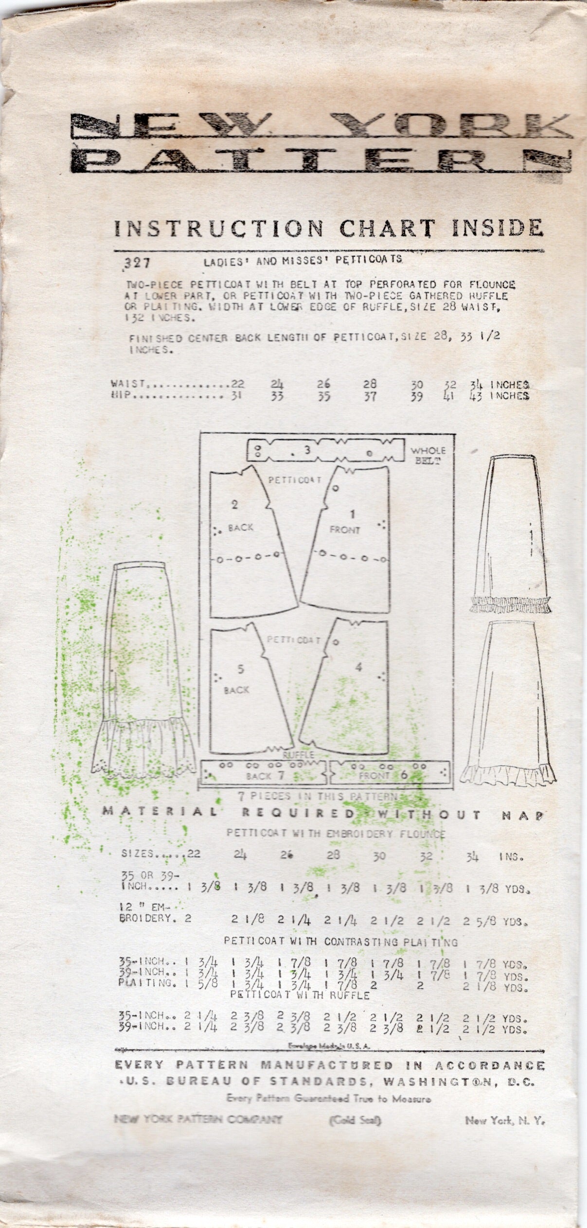 1940's New York Petticoat Pattern with Gathered Ruffle - Waist 24-30" - No. 327