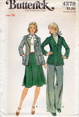1970's Butterick Unlined Jacket with Patch pockets, Flared Skirt and Pants Pattern - Bust 38" - No. 4378