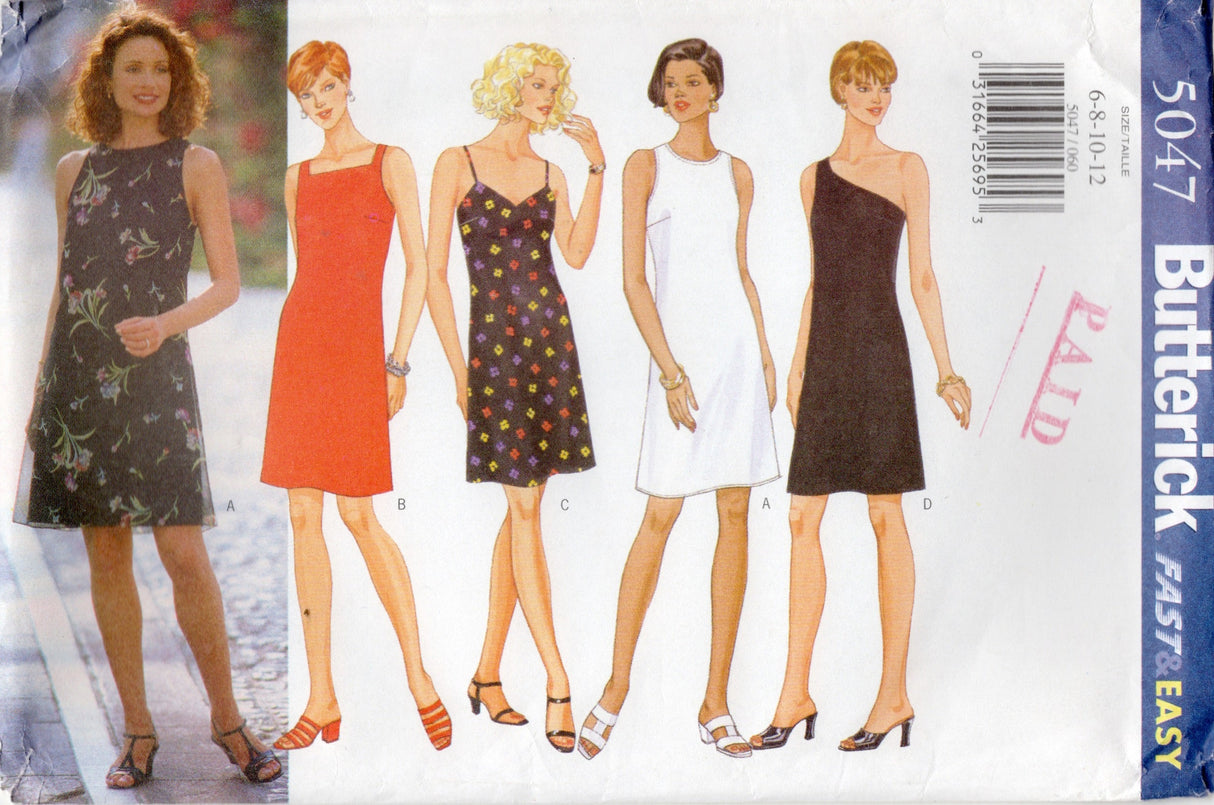 1990's Butterick A Line Dress Pattern with Boat, Sweetheart, or One Shoulder style - Bust 30.5-34" - No. 5047
