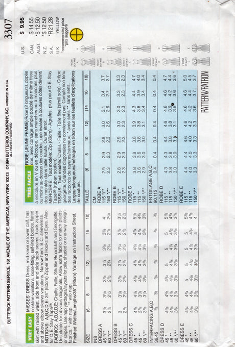 1990's Butterick Midi or Tea Length Dress Pattern with Surplice or Sweetheart Bodice - Bust 30.5-34" - No. 3307