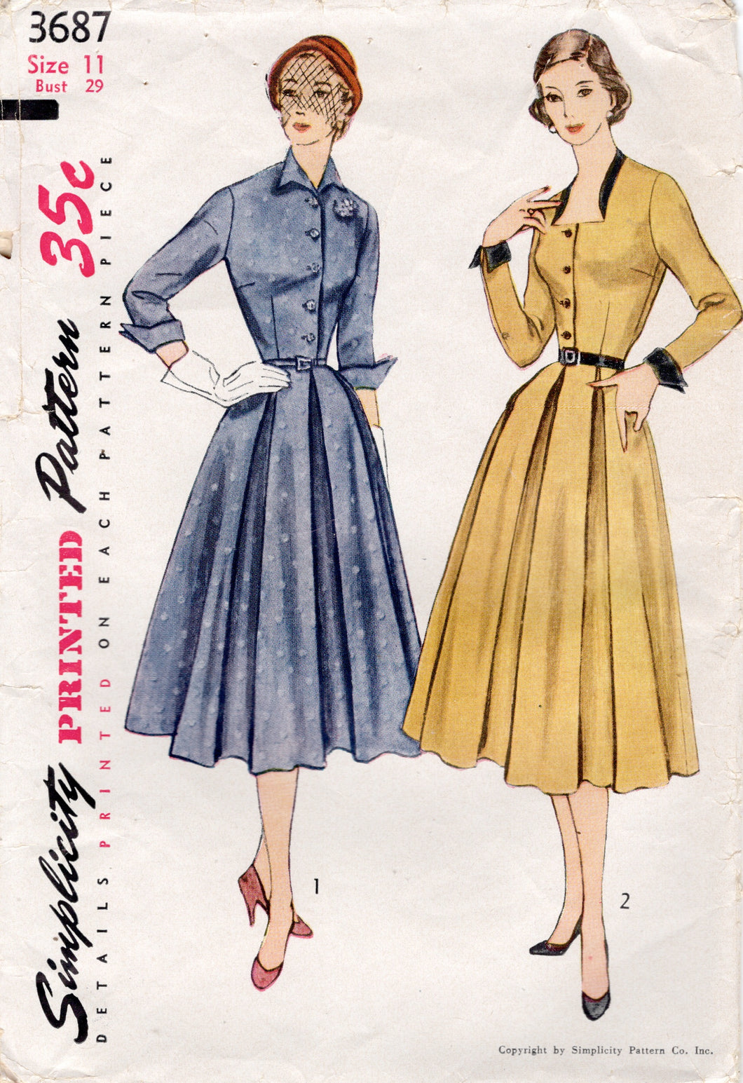 1950's Simplicity Shirtwaist Dress with Inverted pleated Skirt and Optional Cut-away Neckline with Trim - Bust 29