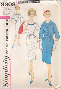 1960's Simplicity Sheath Dress with Notched Neckline Neckline and Bolero Jacket Pattern - Bust 39" - No. 3308