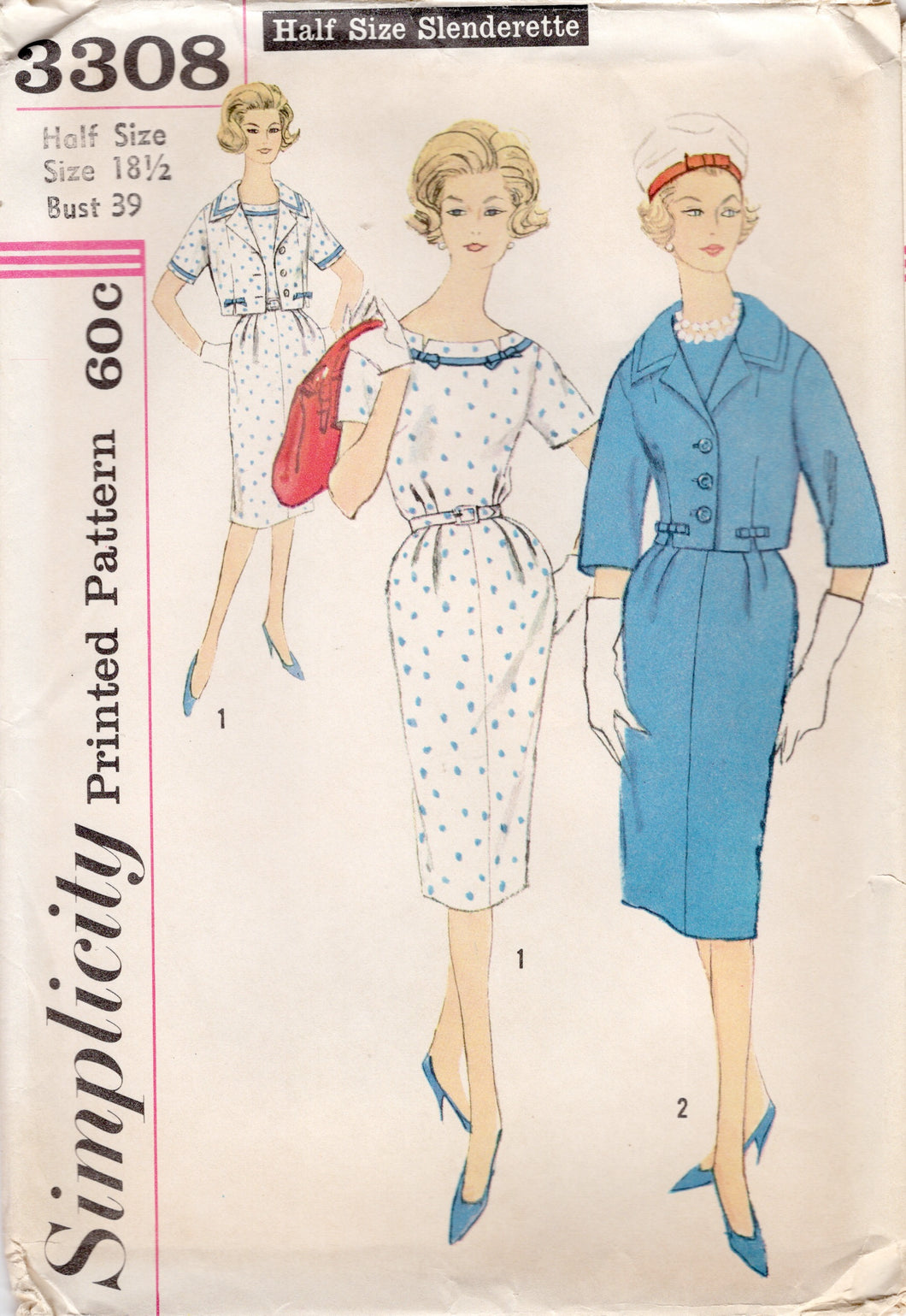 1960's Simplicity Sheath Dress with Notched Neckline Neckline and Bolero Jacket Pattern - Bust 39