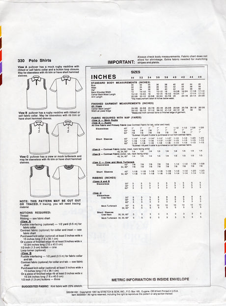 1990's Stretch & Sew Polo Shirts pattern - Bust 30-46" - No. 330