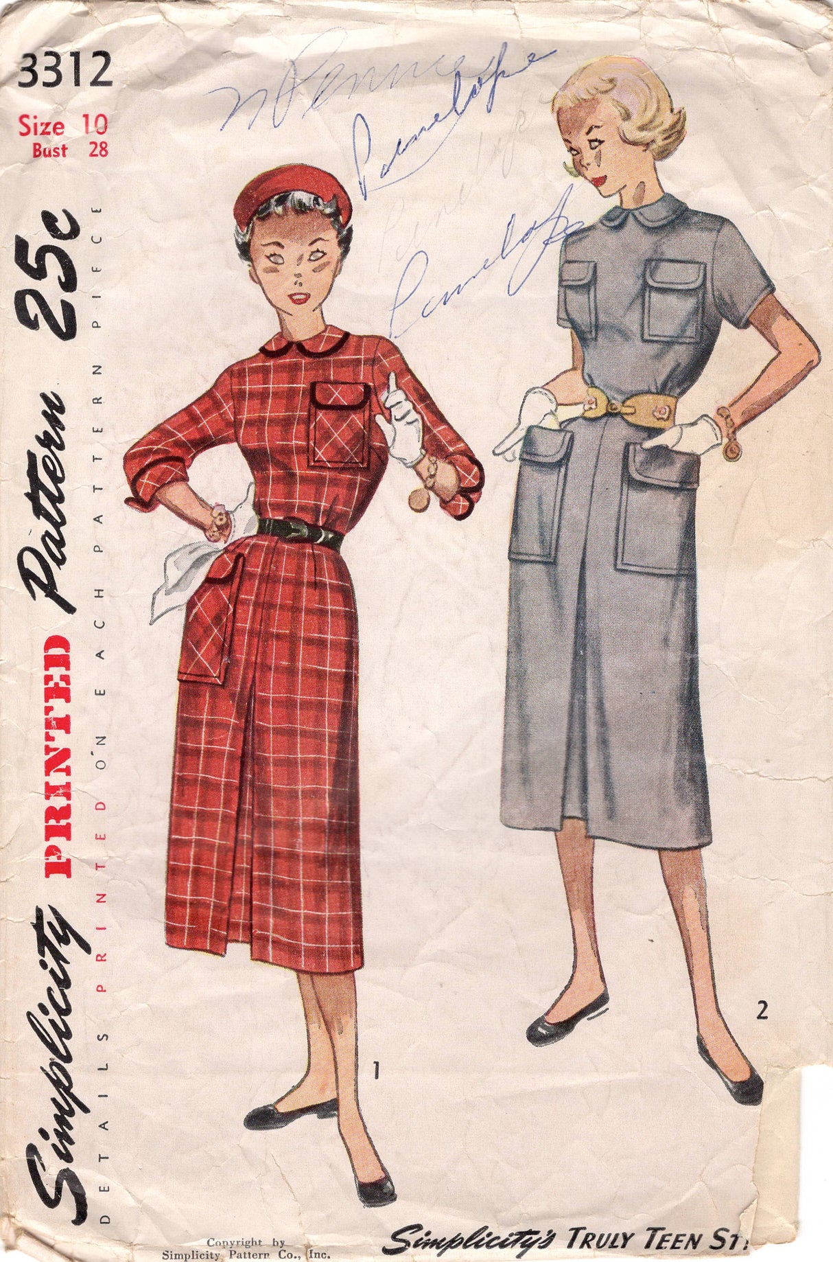 1950’s Simplicity Sheath Dress Pattern with Oversize Pockets and Peter Pan Collar - Bust 28” - No. 3312