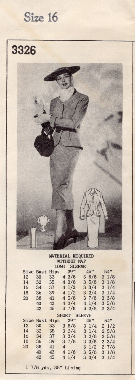 1940’s Barbara Bell Mail Order Collarless Suit Pattern - Bust 34”-  No. 3326