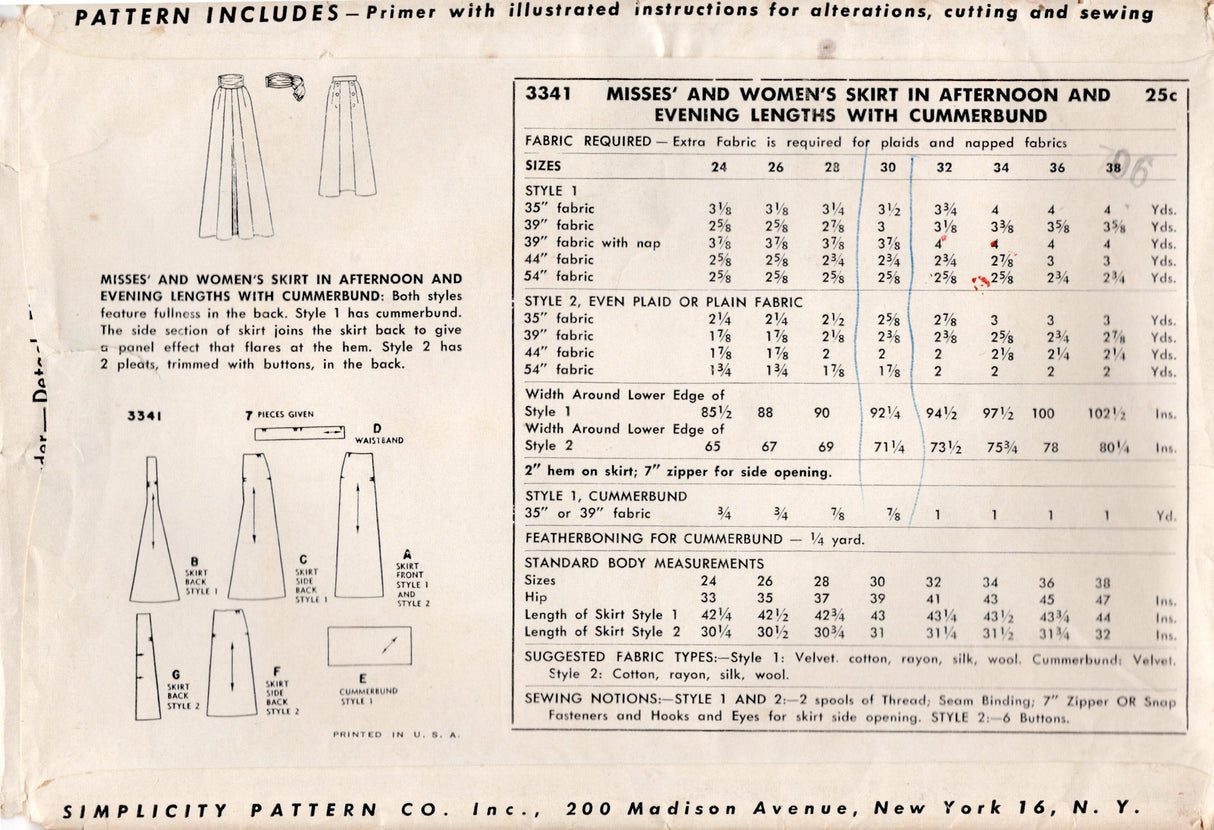 1950’s Simplicity Straight Line Skirt Pattern in Two lengths - Waist 30" - No. 3341