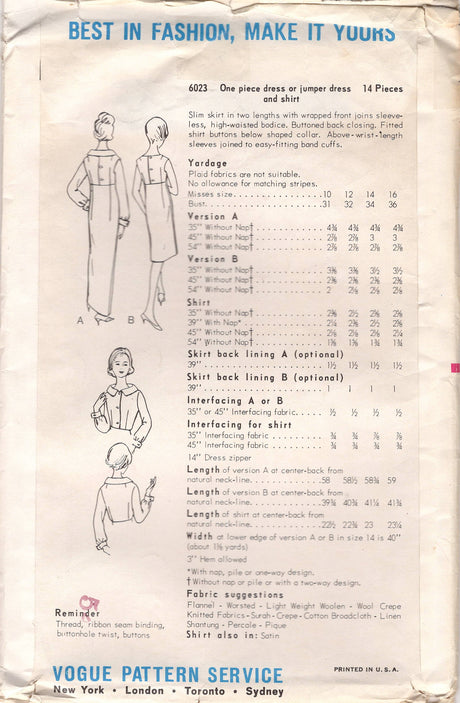 1960's Vogue Sheath Dress and Blouse Pattern  - Bust 31" - No. 6623