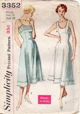 1950’s Simplicity Scoop Neck or Thin Strap Princess Line Slip Pattern - Bust 30" - No. 3352