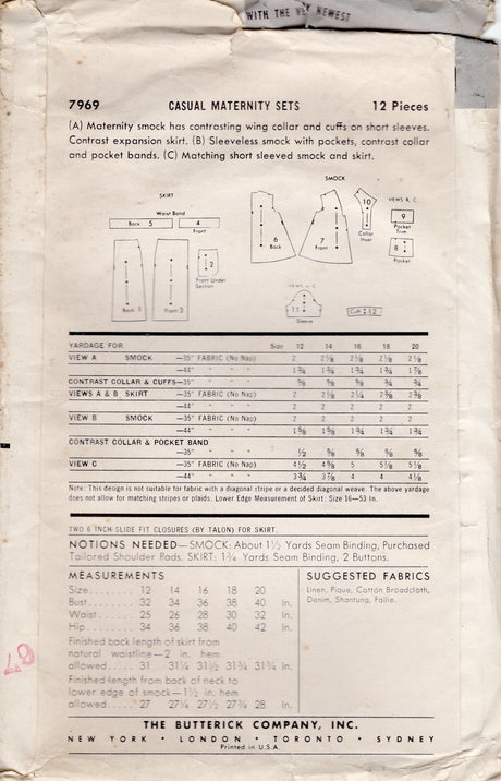 1950's Butterick Maternity Top and Skirt Set Pattern - Bust 40" - No. 7969