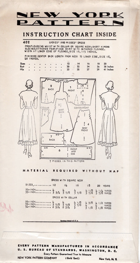 1940's New York Shirtwaist Dress with Large Ruffle and Collar or Cutaway Neckline - Bust 32-36" - No. 402