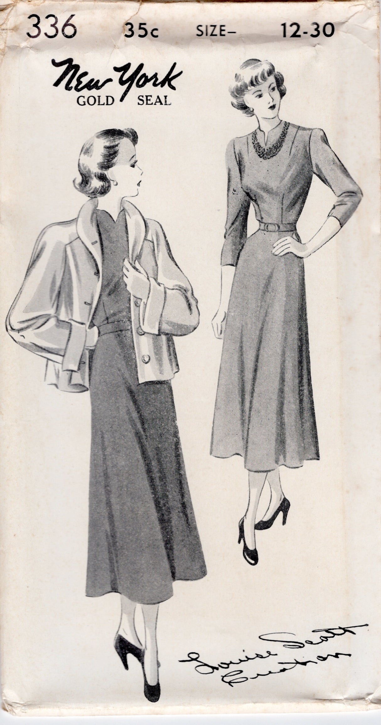 1940's New York One Piece Dress with High Slit Neckline and Jacket Pattern - Bust 30-40" - No. 336