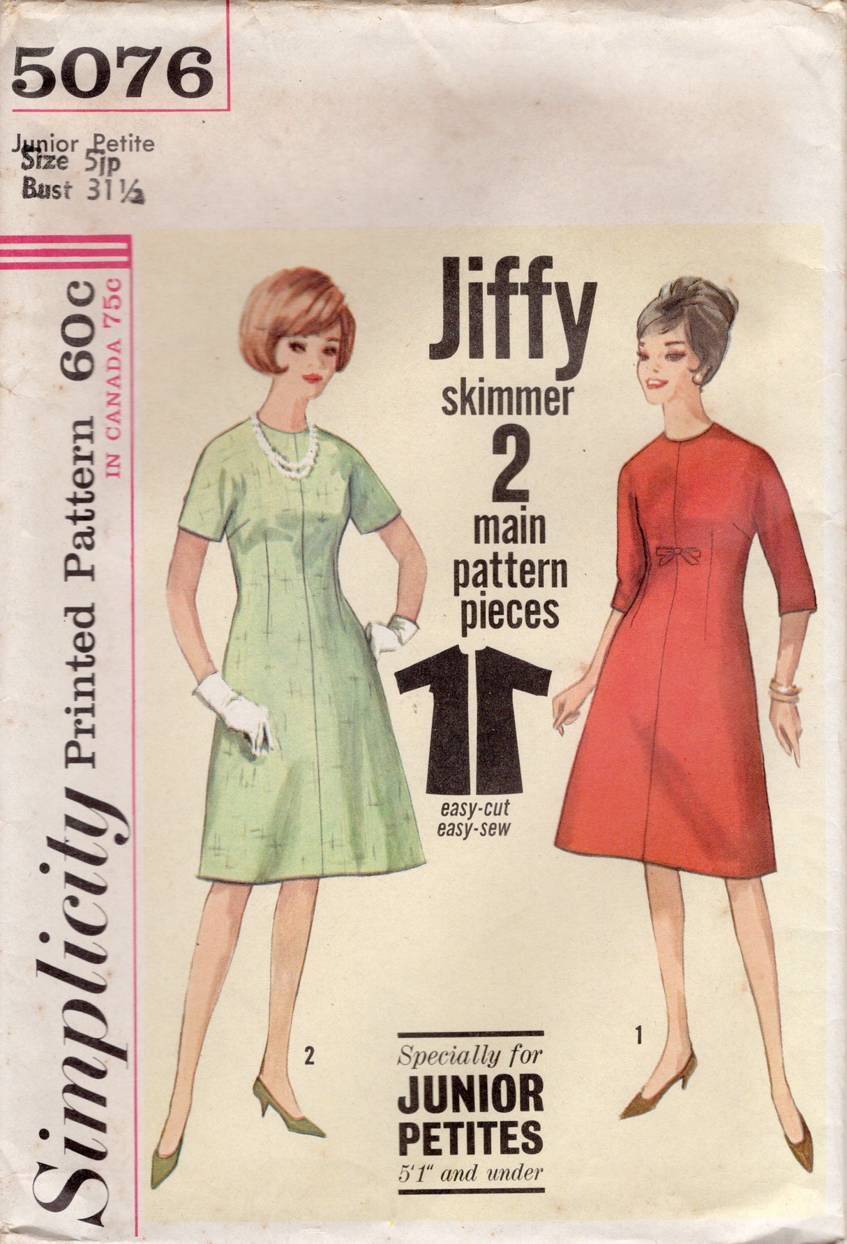 1960's Simplicity Jiffy One Piece A-Line Dress Pattern - Bust 31.5" - No. 5076