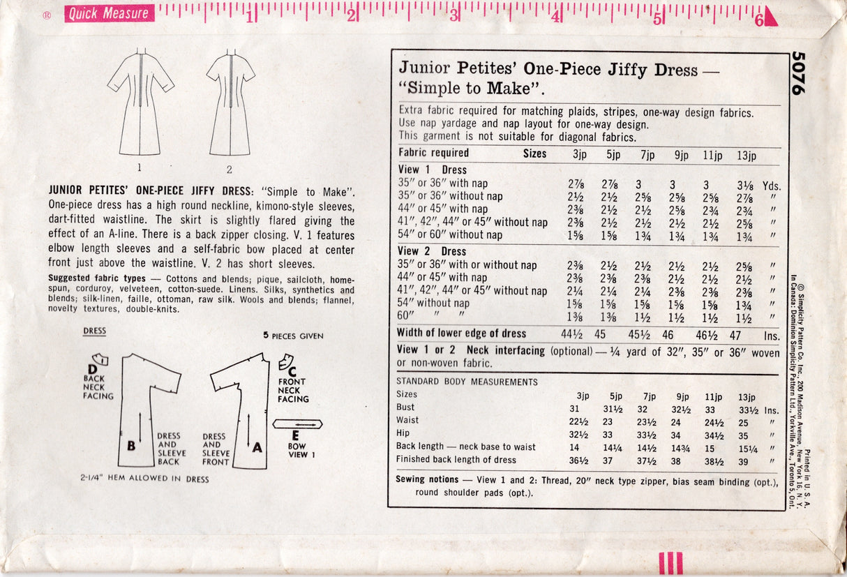 1960's Simplicity Jiffy One Piece A-Line Dress Pattern - Bust 31.5" - No. 5076