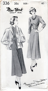 1940's New York One Piece Dress with High Slit Neckline and Jacket Pattern - Bust 30-40" - No. 336