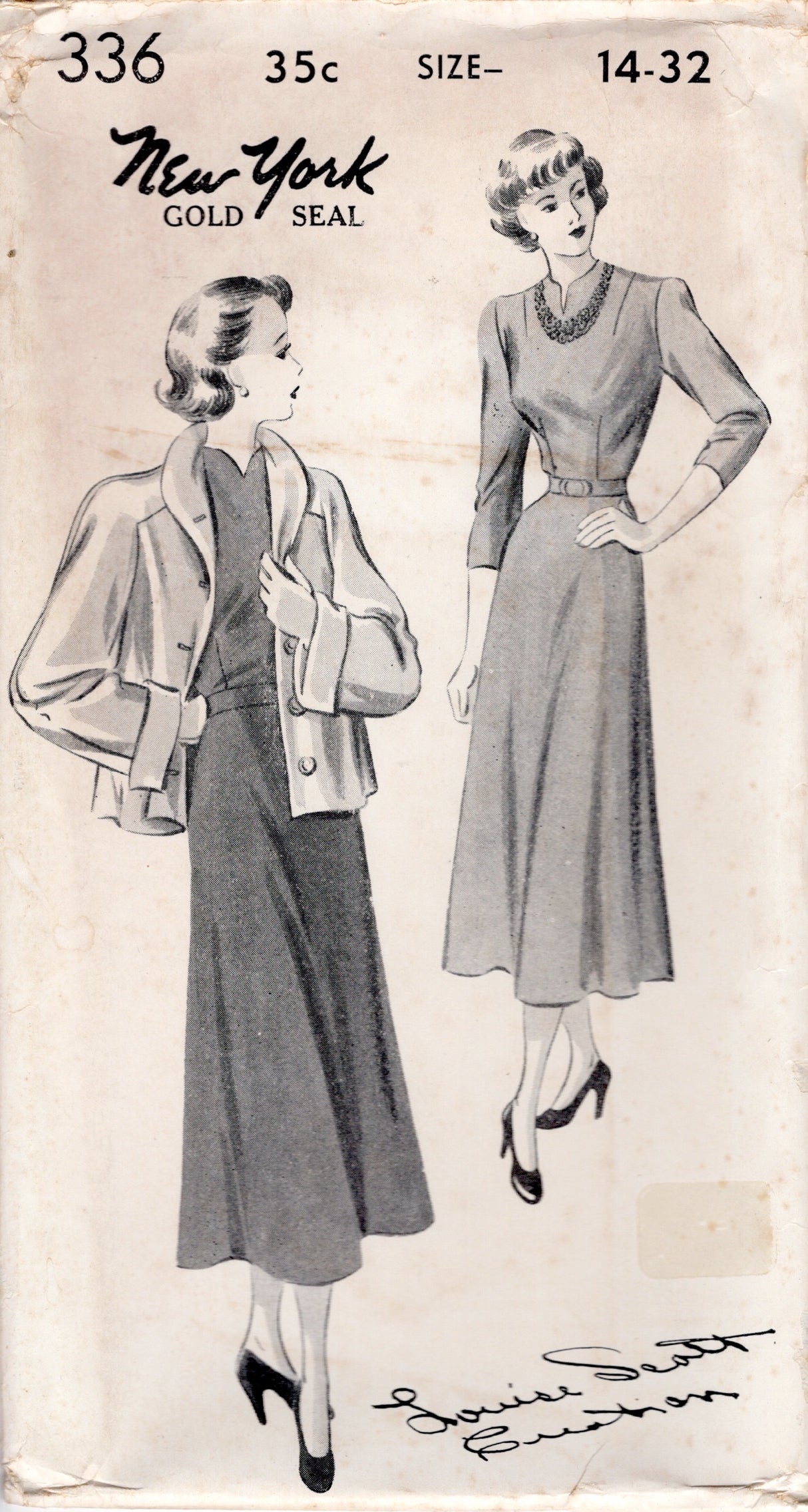 1940's New York One Piece Dress with High Slit Neckline and Jacket Pattern - Bust 30-40" - No. 336