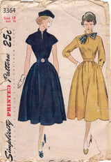 1950's Simplicity One Piece Fit and Flare Dress with Slit Neckline and Capelet Pattern - Bust 36" - No. 3364