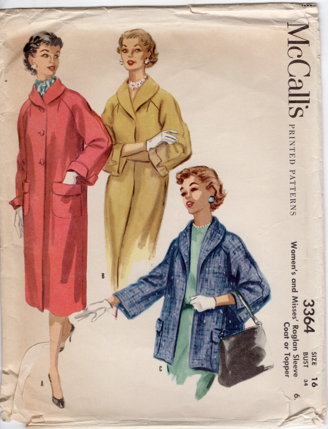 1950's McCall's Raglan Sleeve Coat or Jacket - Bust 34