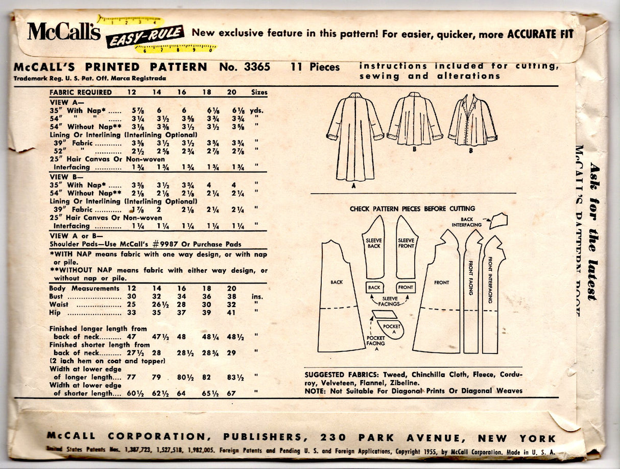 1950's McCall's Swing Coat in Two Lengths - Bust 32" - No. 3365