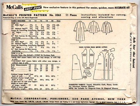 1950's McCall's Swing Coat in Two Lengths - Bust 32" - No. 3365