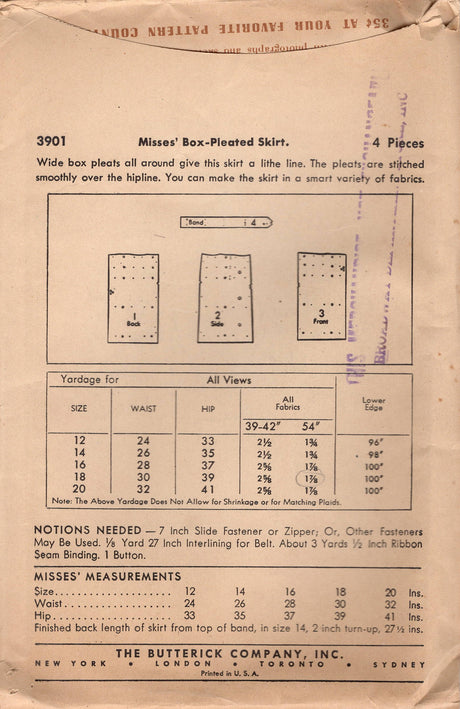 1940's Butterick Box Pleated Skirt Pattern - Waist 30"- No. 3901