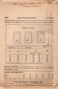 1940's Butterick Box Pleated Skirt Pattern - Waist 30"- No. 3901