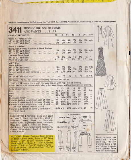 1970's McCall's Maxi Dress or Tunic and Pants Pattern with modified Princess Lines - Bust 40" - No. 3411