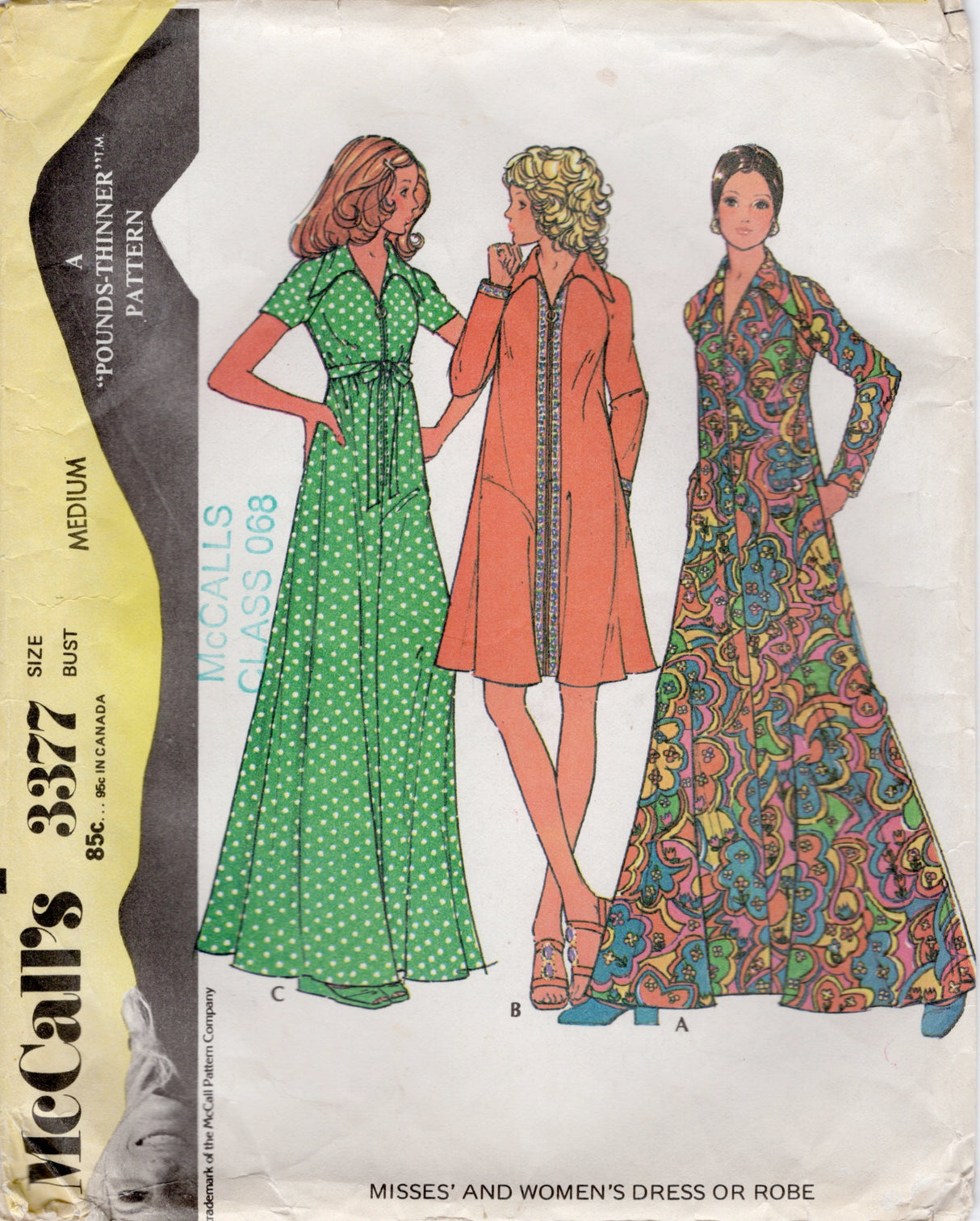 1970's McCall's Zip Front Robe or Dress pattern with Raglan Sleeve  - Bust 34-36" - No. 3377